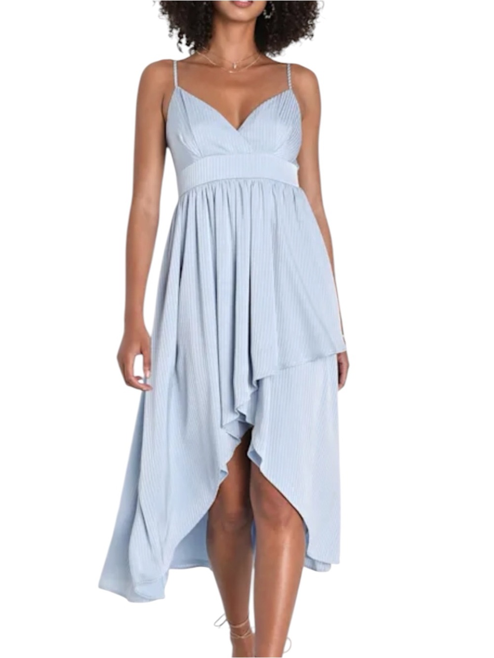 LULU’S Beaming with Bliss Blue Striped Faux Wrap Midi Dress Wedding Guest S NWT
